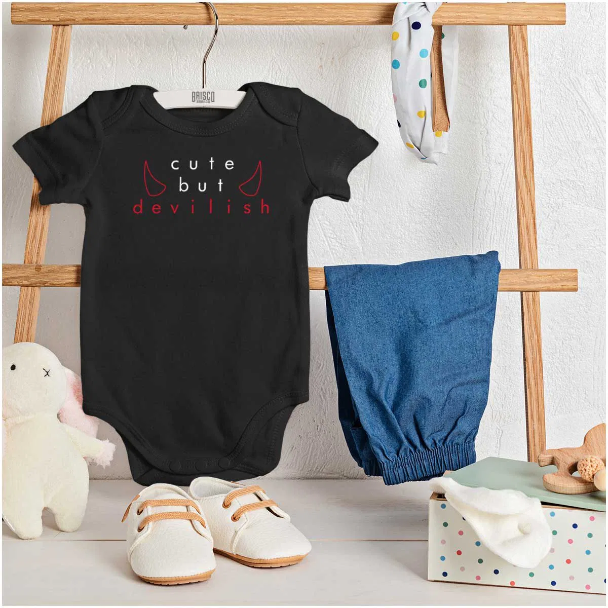 Детское боди для девочек с принтом Funny Sarcastic Cute But Devilish Brisco Brands, Black — фото 3