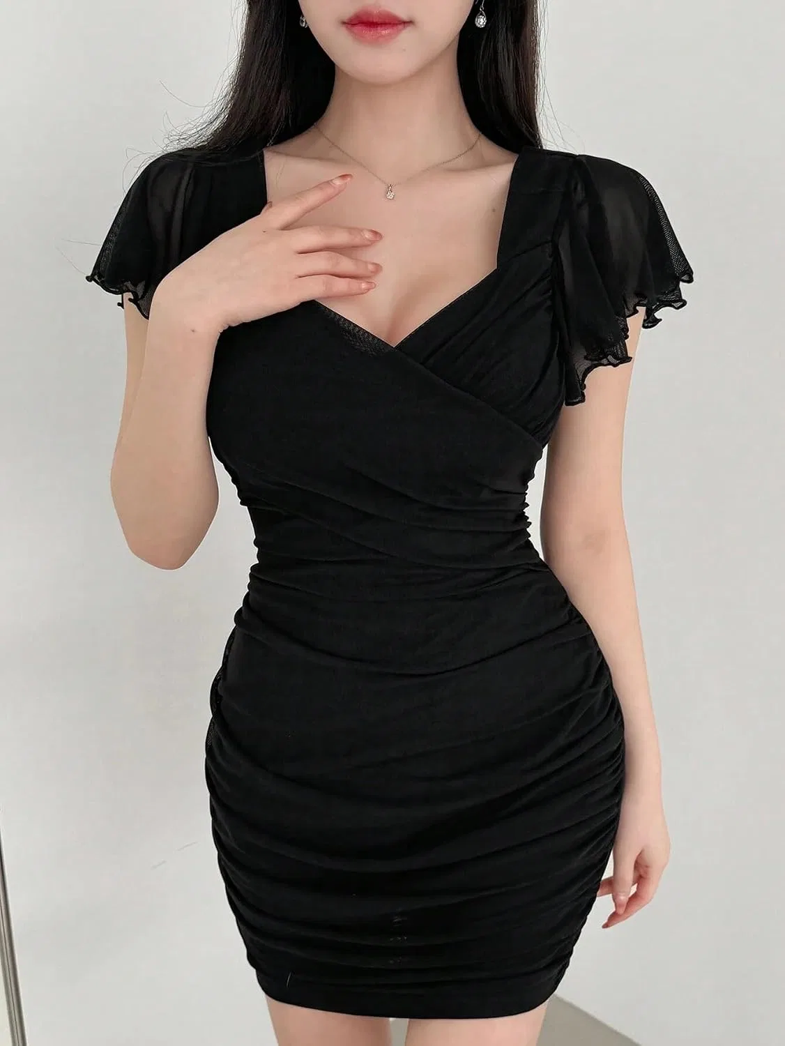 Женское облегающее платье с запахом из сетки Bodycon, Black — фото 4