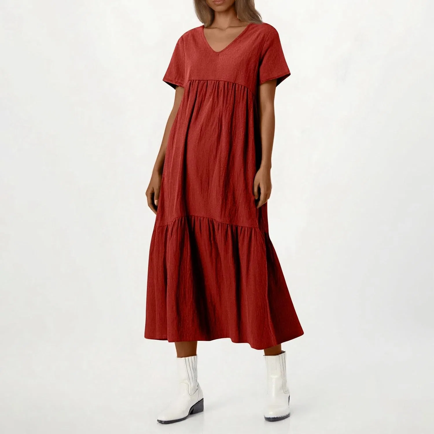 Женское свободное платье макси из хлопка и льна, Deep Red — фото 3