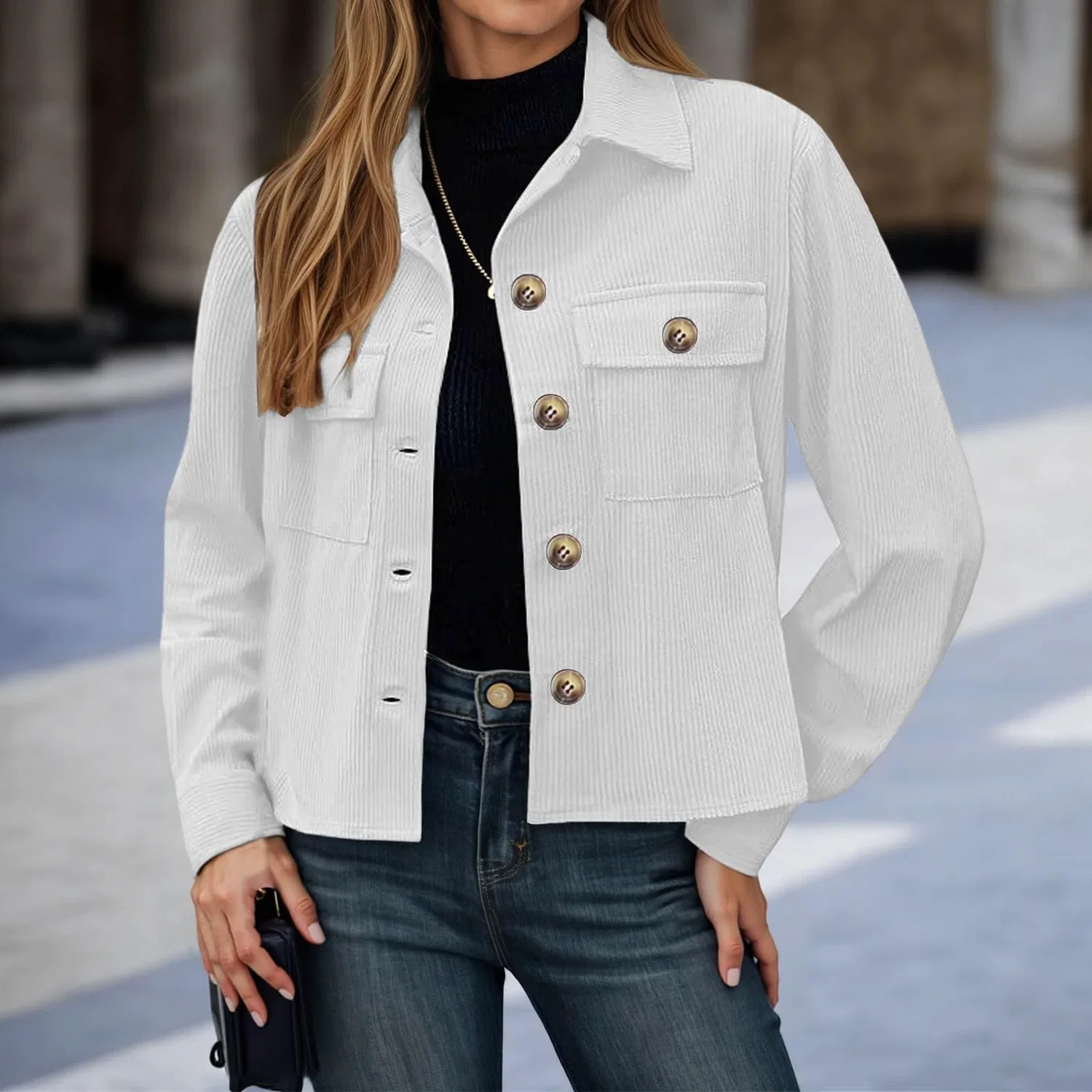 Женская куртка из вельвета в рубчик с длинным рукавом, bianco — фото 2
