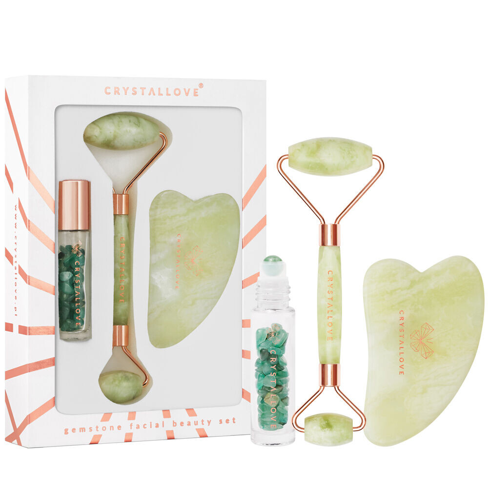 Crystallove Crystal Collection нефритовый набор для массажа лица: валик для лица, 1 шт. + пластина гуаша, 1 шт. + бутылка Roll On, 1 шт. — фото 4