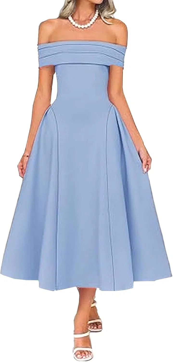 Женское элегантное платье off-shoulder с миди-длиной, Blue