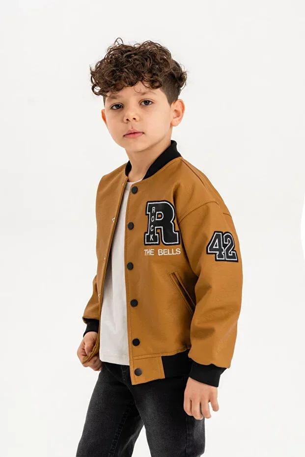 Детское пальто-блейзер для девочек с принтом Rock Embroidered Snap Fastener Boy's Leather Jacket Dazzledkids, Mustard — фото 2