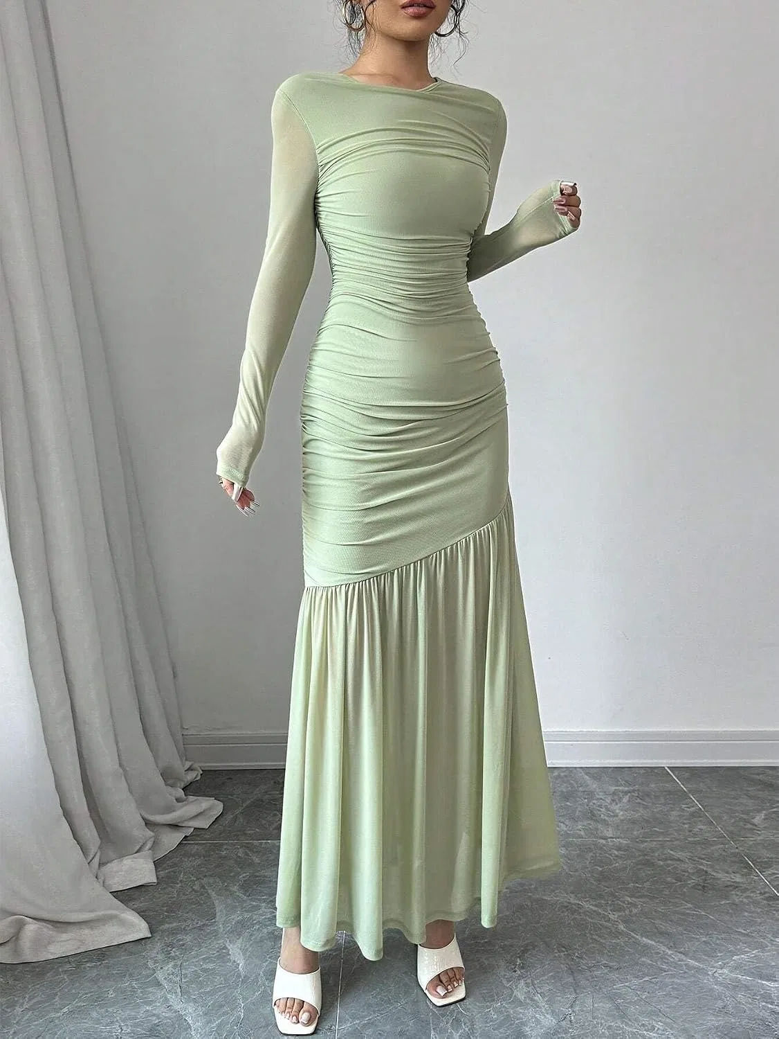 Женское элегантное платье с длинным рукавом, Mint Green — фото 4