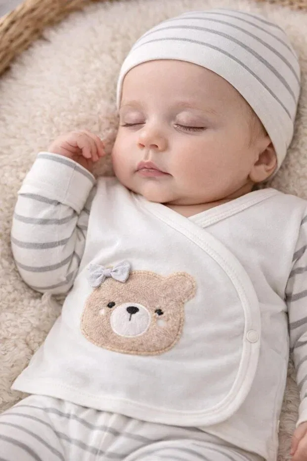 Детский комплект боди для новорожденных хлопковый с принтом Teddy Bear Pattern Bys Baby Fashion, Ekru Striped — фото 4