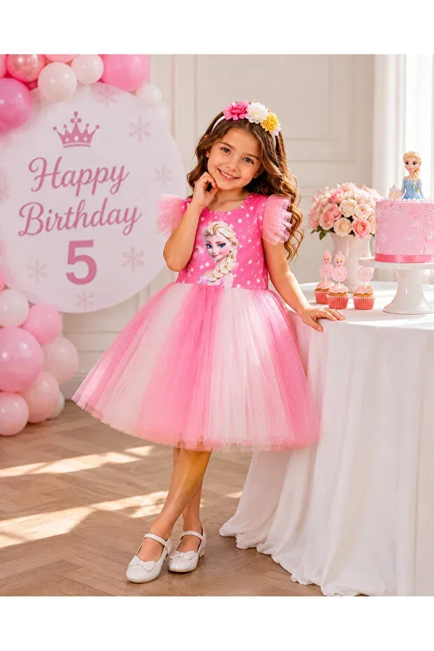 Детское платье для девочек с принтом Crown gift girl's elsa dress with tutu skirt for wedding party birthday graduation event Hn Sport, Pink — фото 4