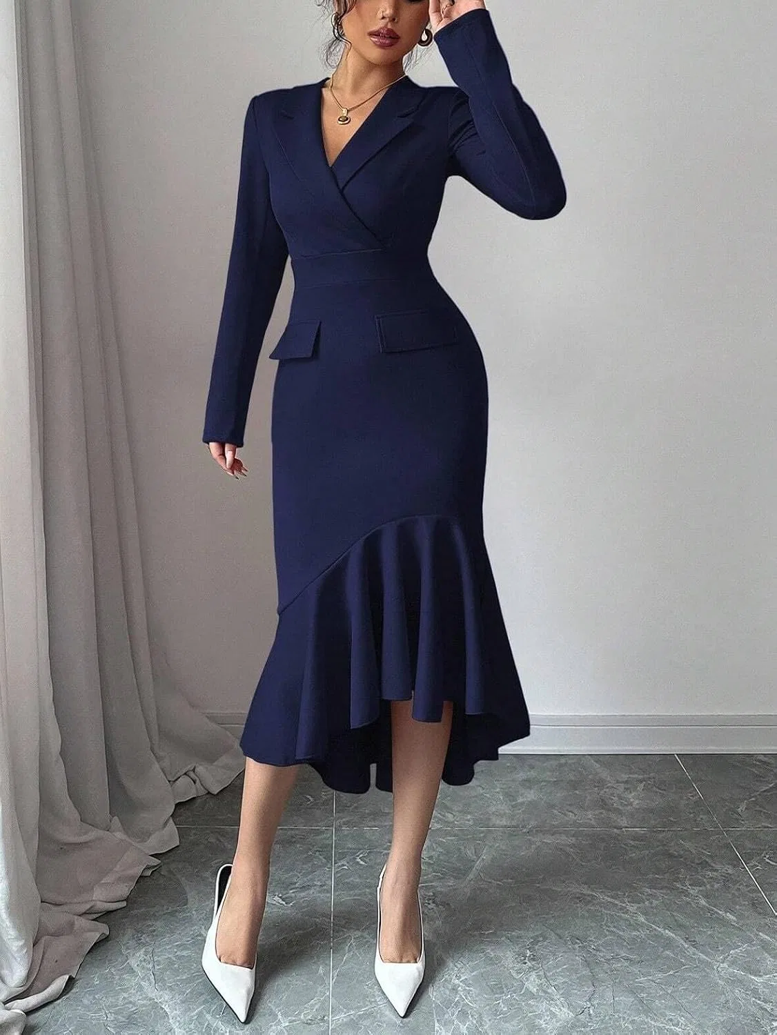 Женское элегантное платье миди с асимметричным подолом, Royal Blue — фото 3