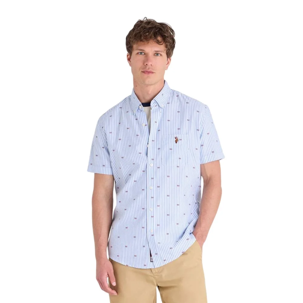 Мужская рубашка U.S. Polo Assn. Short Sleeve Allover Flag Print Oxford, светло-голубой