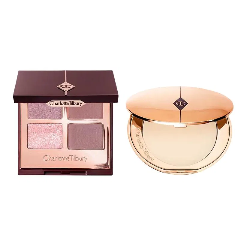 Женский набор косметики с палеткой теней и пудрой, модель Small Gold Powder+4 Colors Eyeshadow Ballet Palette, Charlotte Tilbury, Porcelain White