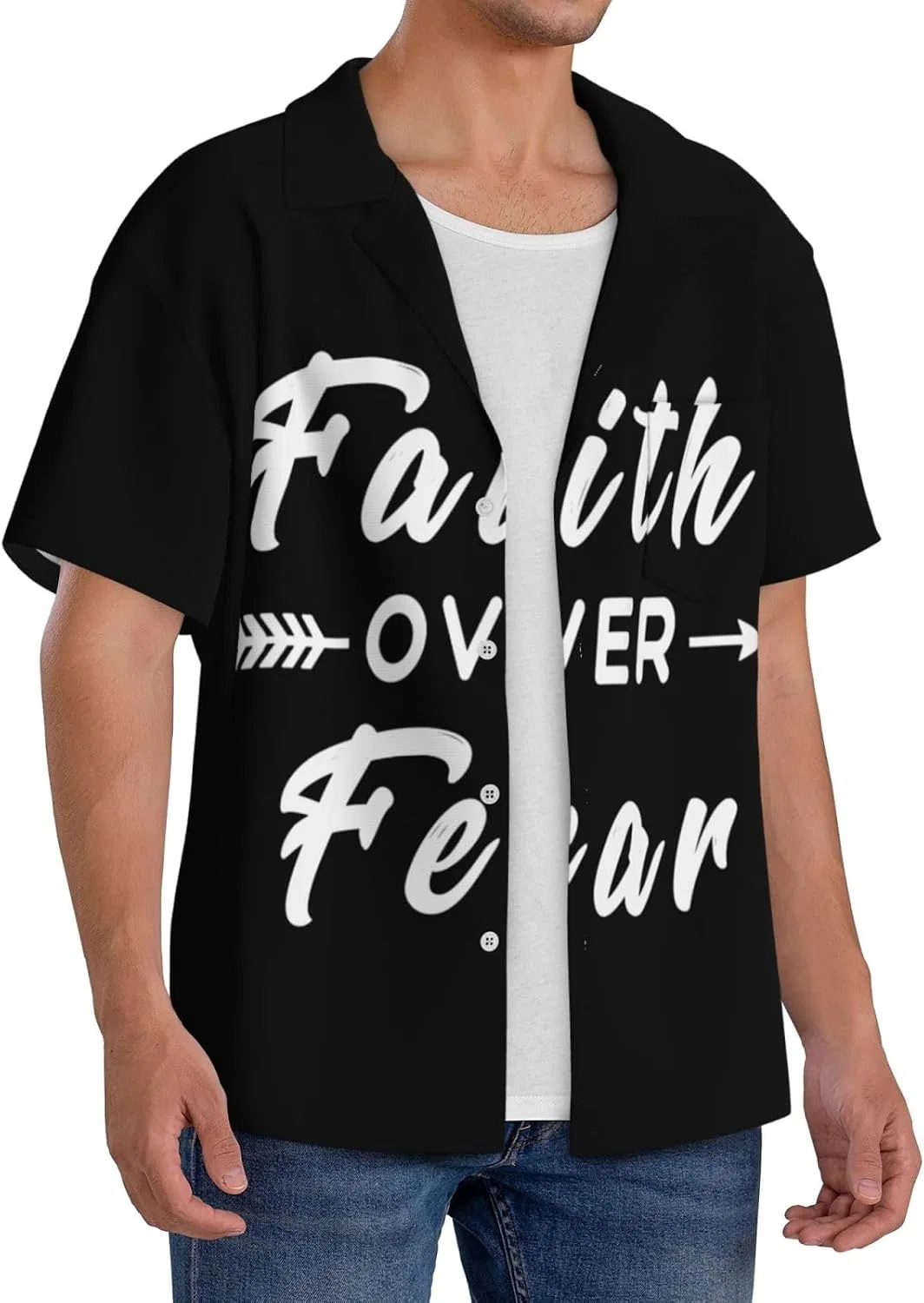 Мужская свободная рубашка с кубинским воротником Faith Over Fear Arrow, Black — фото 2
