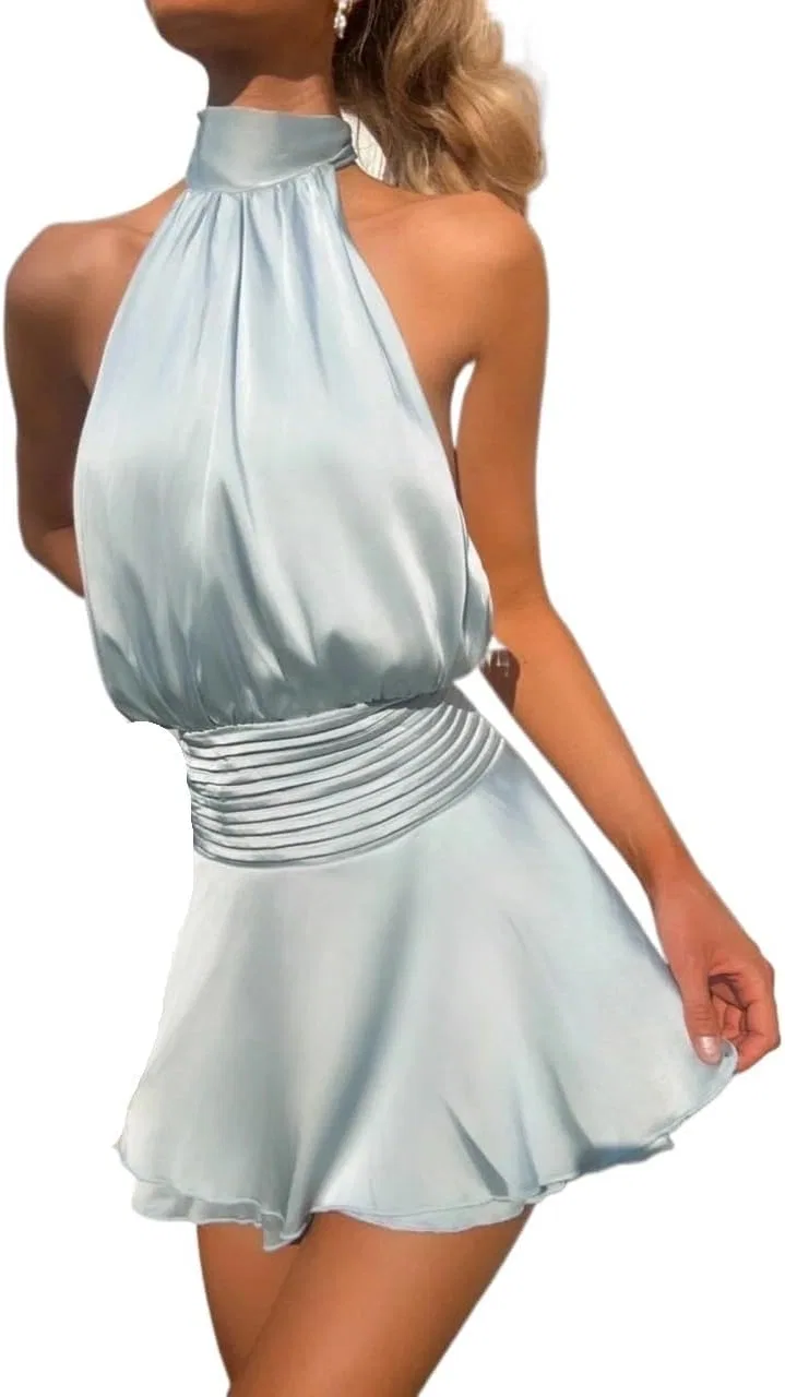 Женское сатиновое мини-платье A-line bodycon с открытой спиной, Blue — фото 4