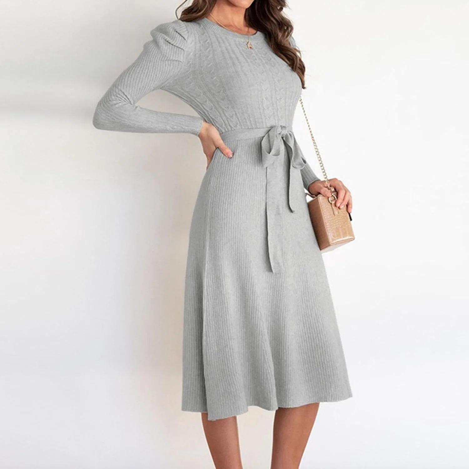 Женское платье-свитер с поясом на талии, Long Sleeve Tie Waist, Gray — фото 4