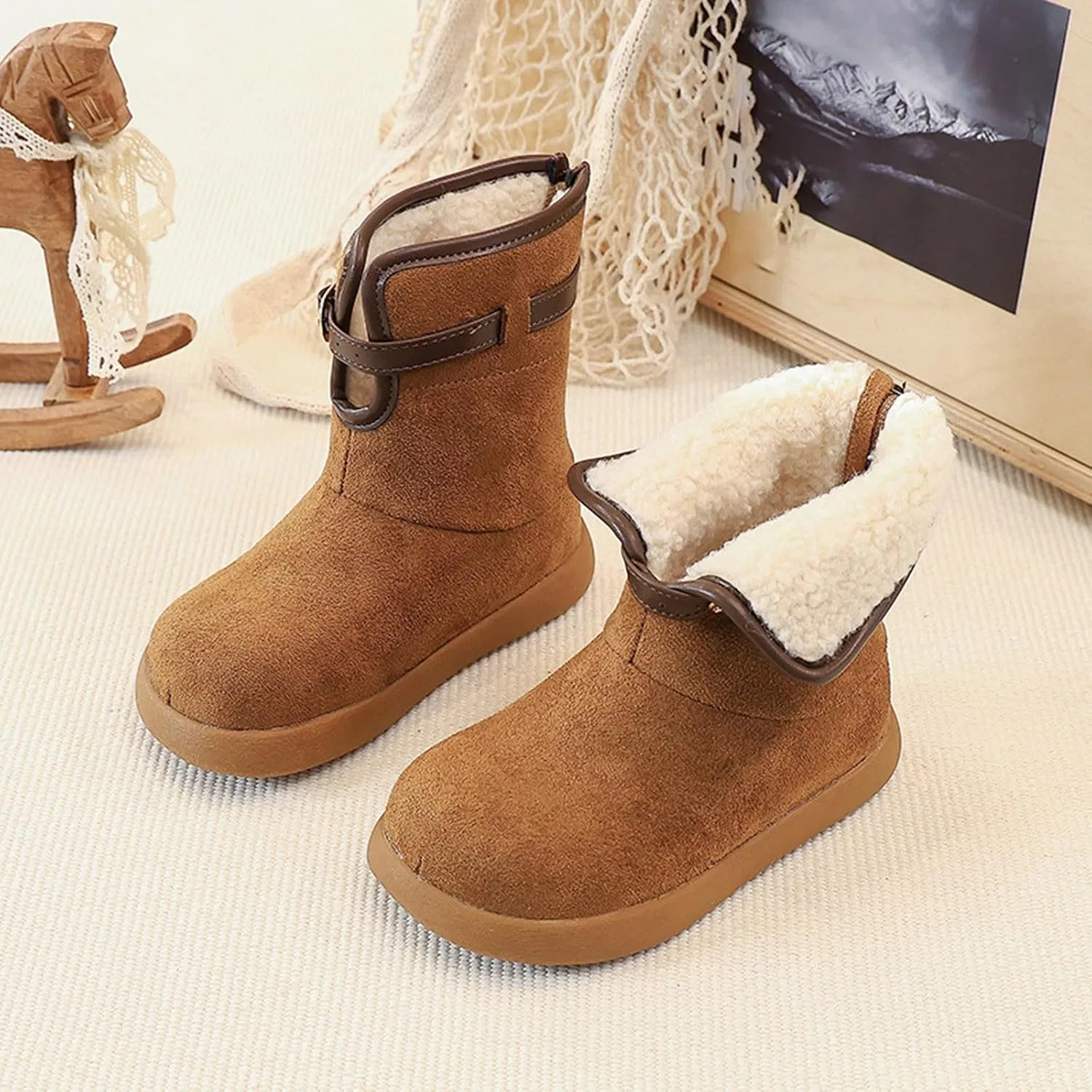 Детские зимние ботинки для девочек из замши с мехом SHOPESSA, Khaki — фото 3