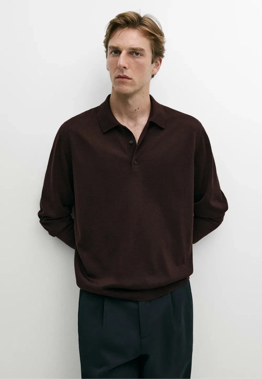 Вязаный поло-свитер из 100% мериносовой шерсти - рубашка поло Massimo Dutti, Bordeaux