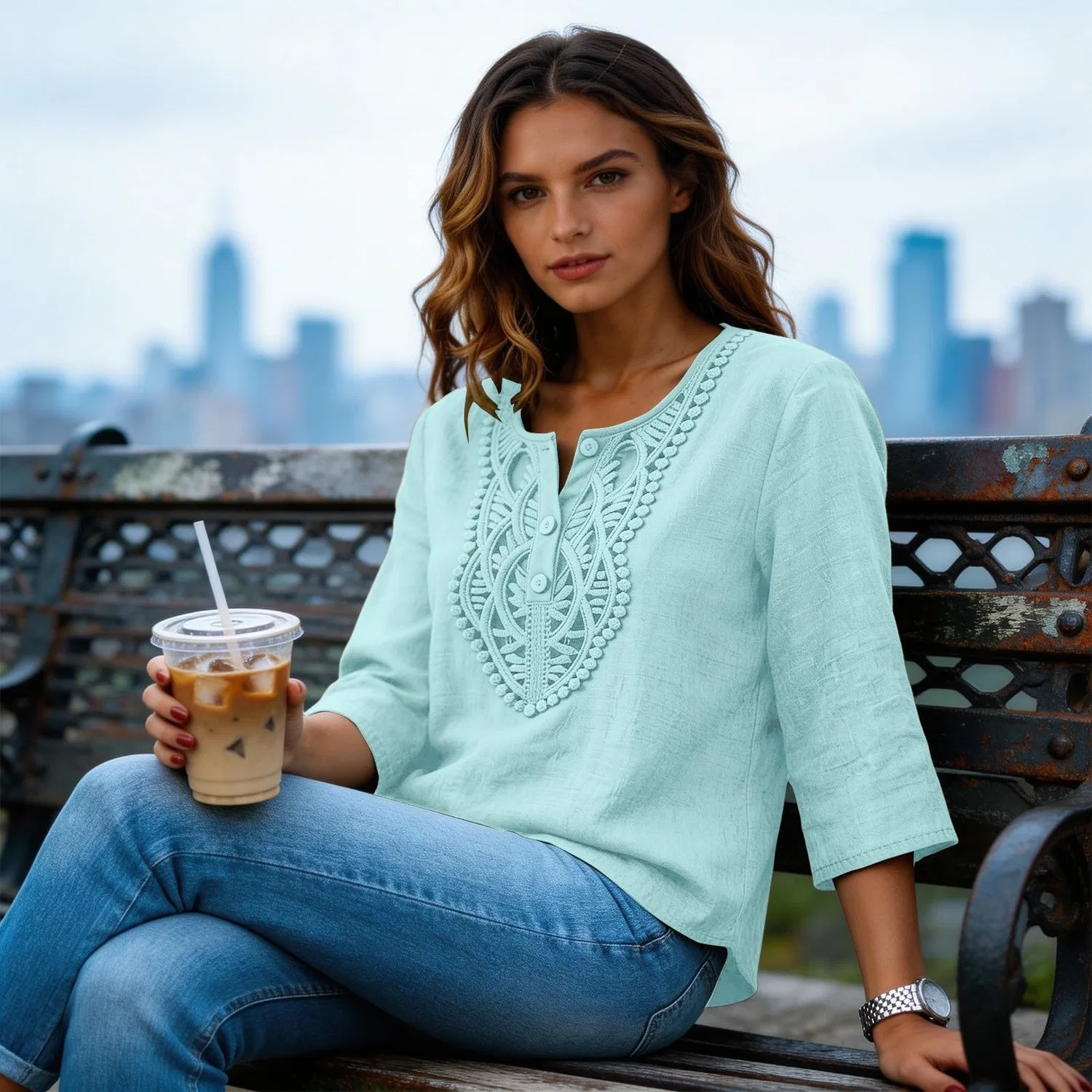 Женская льняная туника с вышивкой Retro 3/4 Sleeve Boho Casual Loose Fit Lightweight Summer Beach Blouse, A-light Blue — фото 3