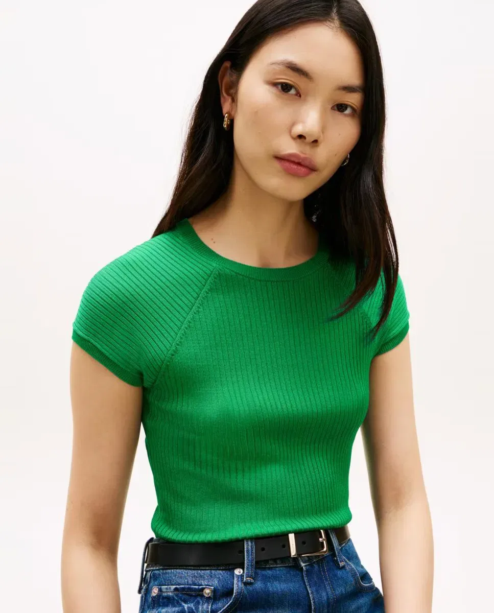Женский джемпер из рибаны с коротким рукавом реглан Tommy Hilfiger, Изумрудный — фото 3