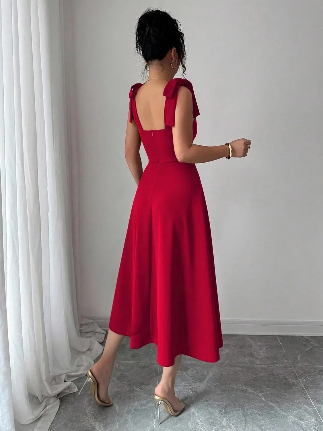 Женское элегантное платье-ками с бантом на талии, Red — фото 3