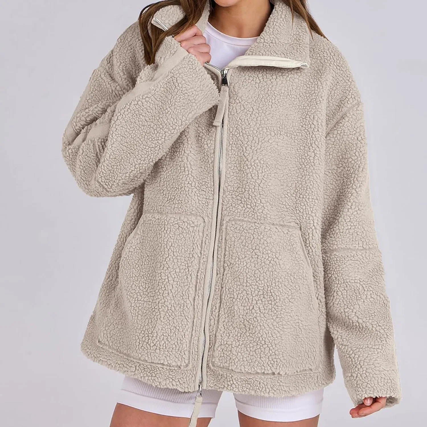 Женское утепленное пальто с флисовой подкладкой и молнией, Beige — фото 3