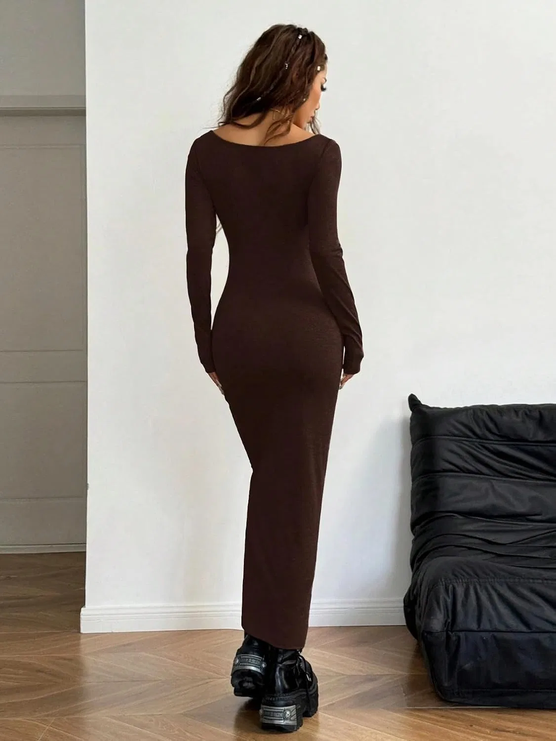 Женское облегающее платье с квадратным вырезом Solid Color, Brown — фото 2