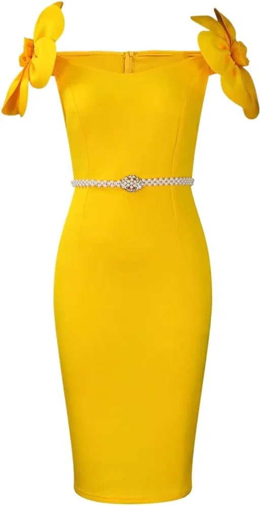 Женское платье футляр с 3D цветами Generic, Yellow