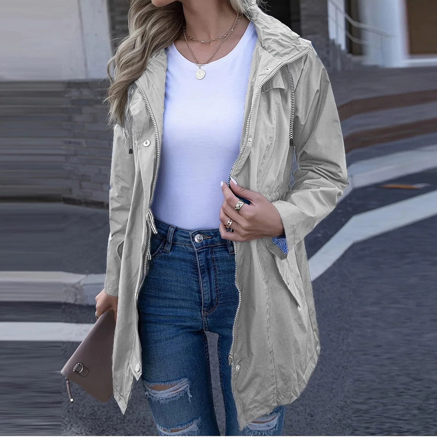 Женское дождевик с капюшоном из софтшелла, длинный, Grigio — фото 3