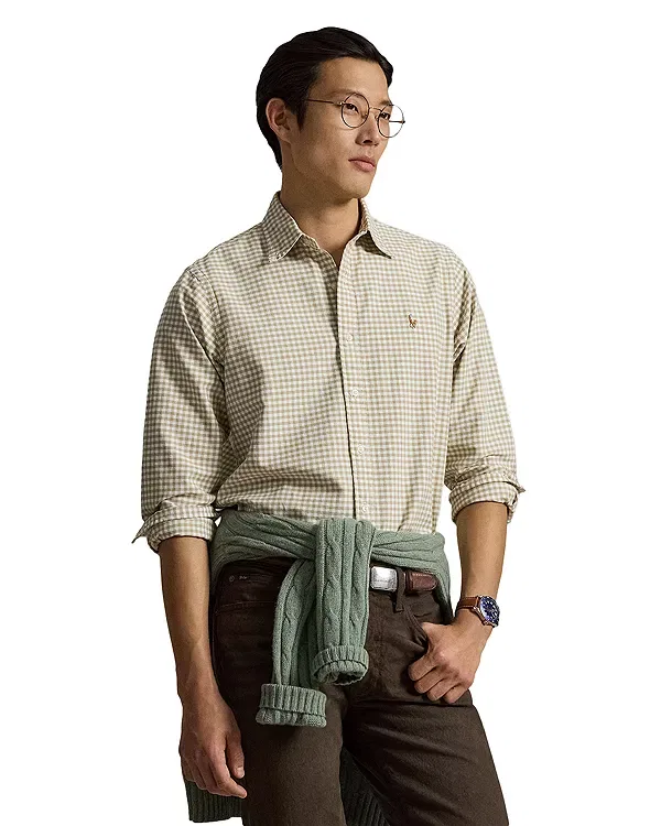 Мужская рубашка из хлопка Classic Fit Gingham Oxford Polo Ralph Lauren, бежевый/белый