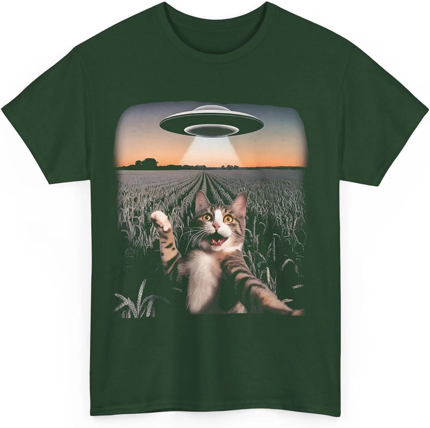 Женская футболка с принтом Cat Selfie with Alien UFO, тёмно-зелёный