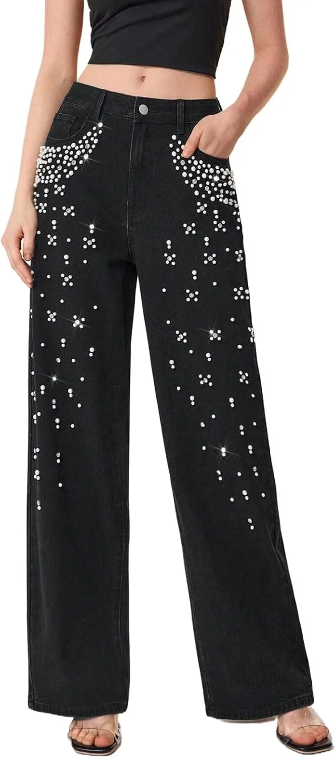 

Джинсы для женщин High Waisted Straight Leg с жемчужными стразами