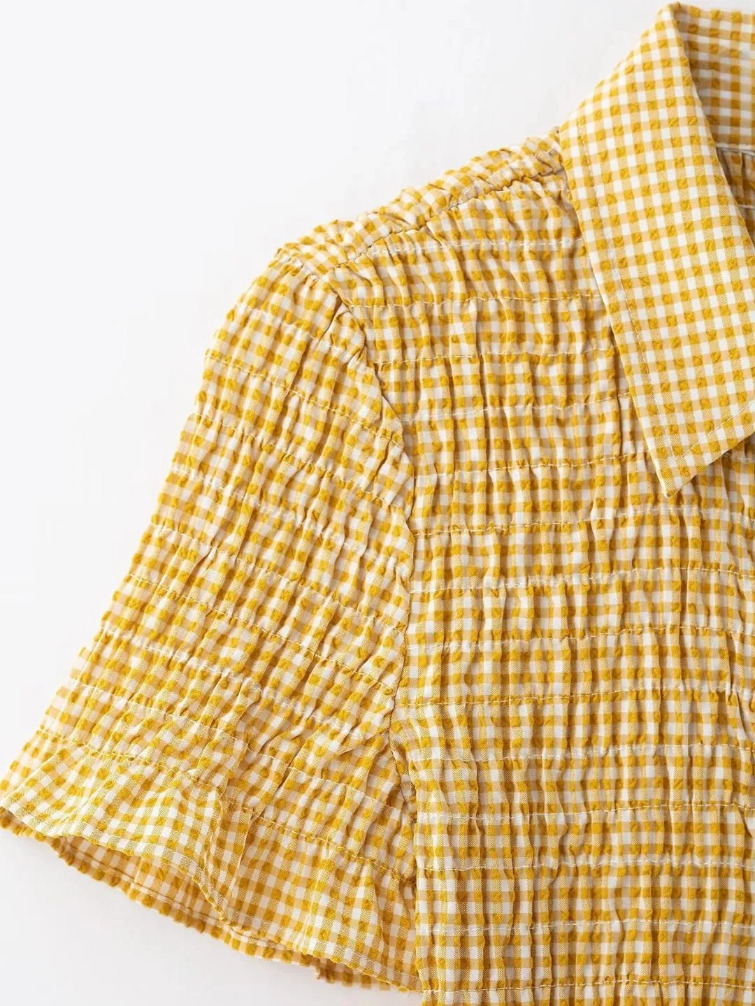 Женское платье-рубашка плиссированное в клетку с оборками, Yellow — фото 4