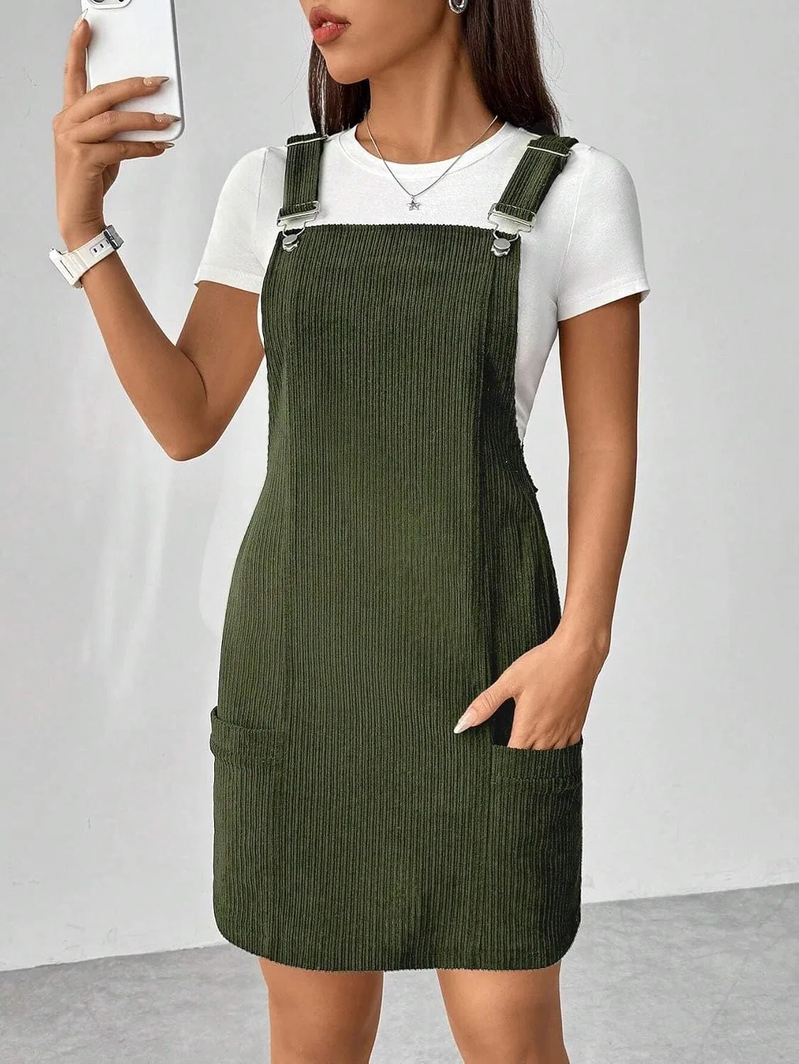 Женское повседневное платье-сарафан с карманами Rib Knit, Green — фото 4