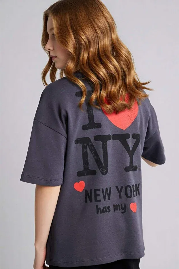 Детская футболка для девочек с принтом I Love NY Oversized Defacto, Anthracite-Ar58 — фото 4