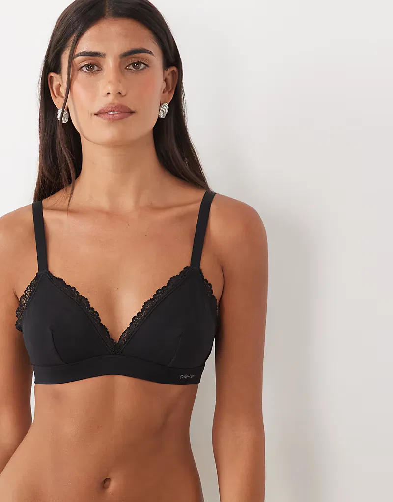 Бюстгальтер треугольный хлопковый с кружевной деталью 2 пары Calvin Klein, серый/черный — фото 3