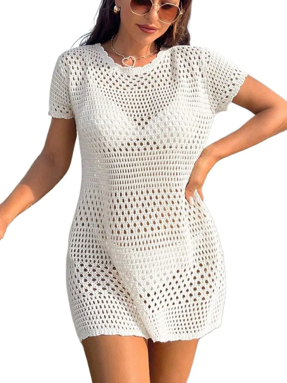 Женская пляжная туника с круглым вырезом и коротким рукавом, White