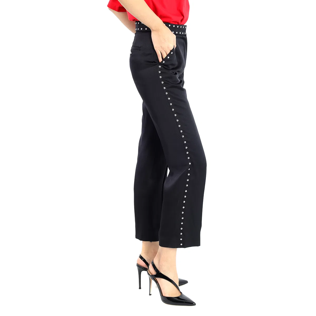 Брюки прямого кроя из шелкового сатина с заклепками Black Silk Satin Studded Tailored Trousers Burberry, Black — фото 2