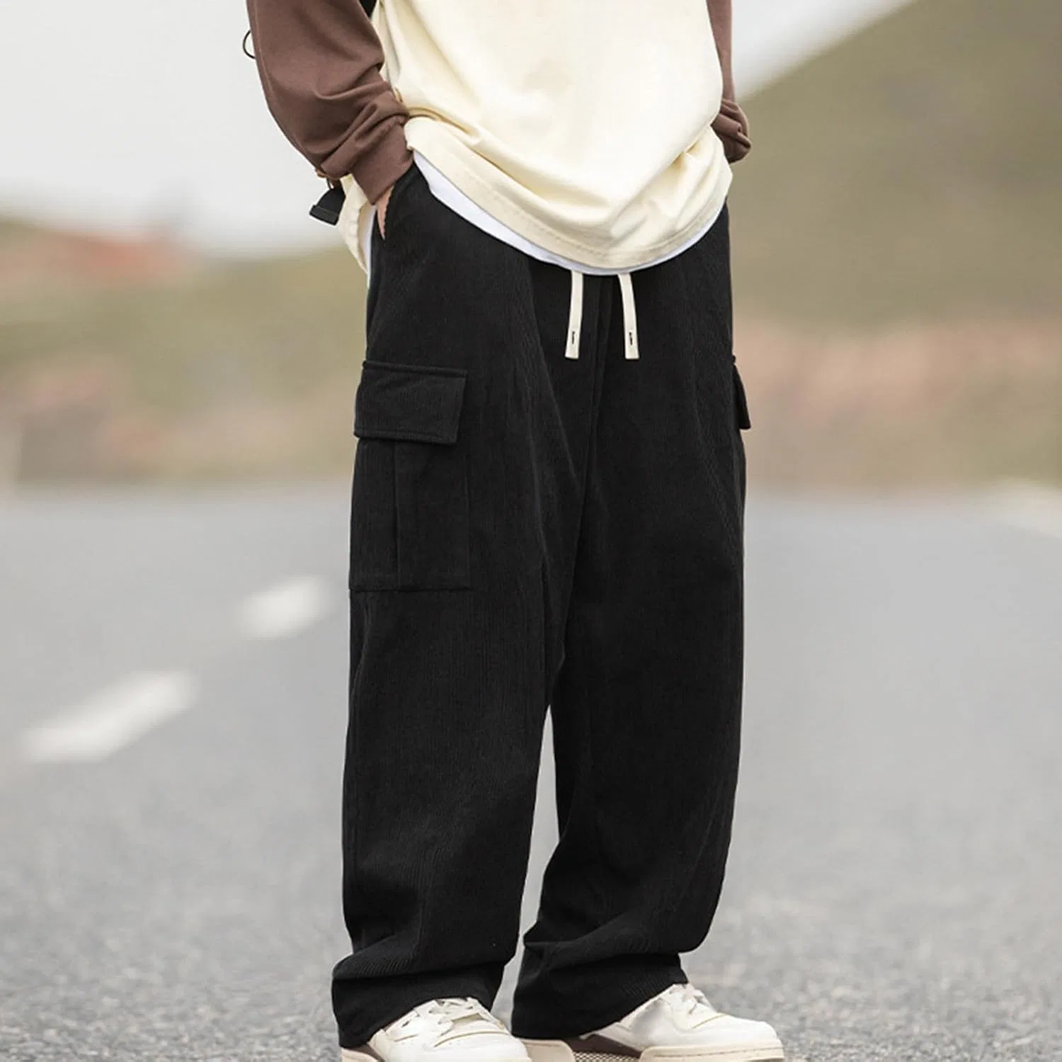 Мужские широкие брюки-карго из вельвета, Vintage Elastic Waist Casual Drawstring Wide Leg Pants Hip Hop Streetwear Pants, чёрный — фото 2
