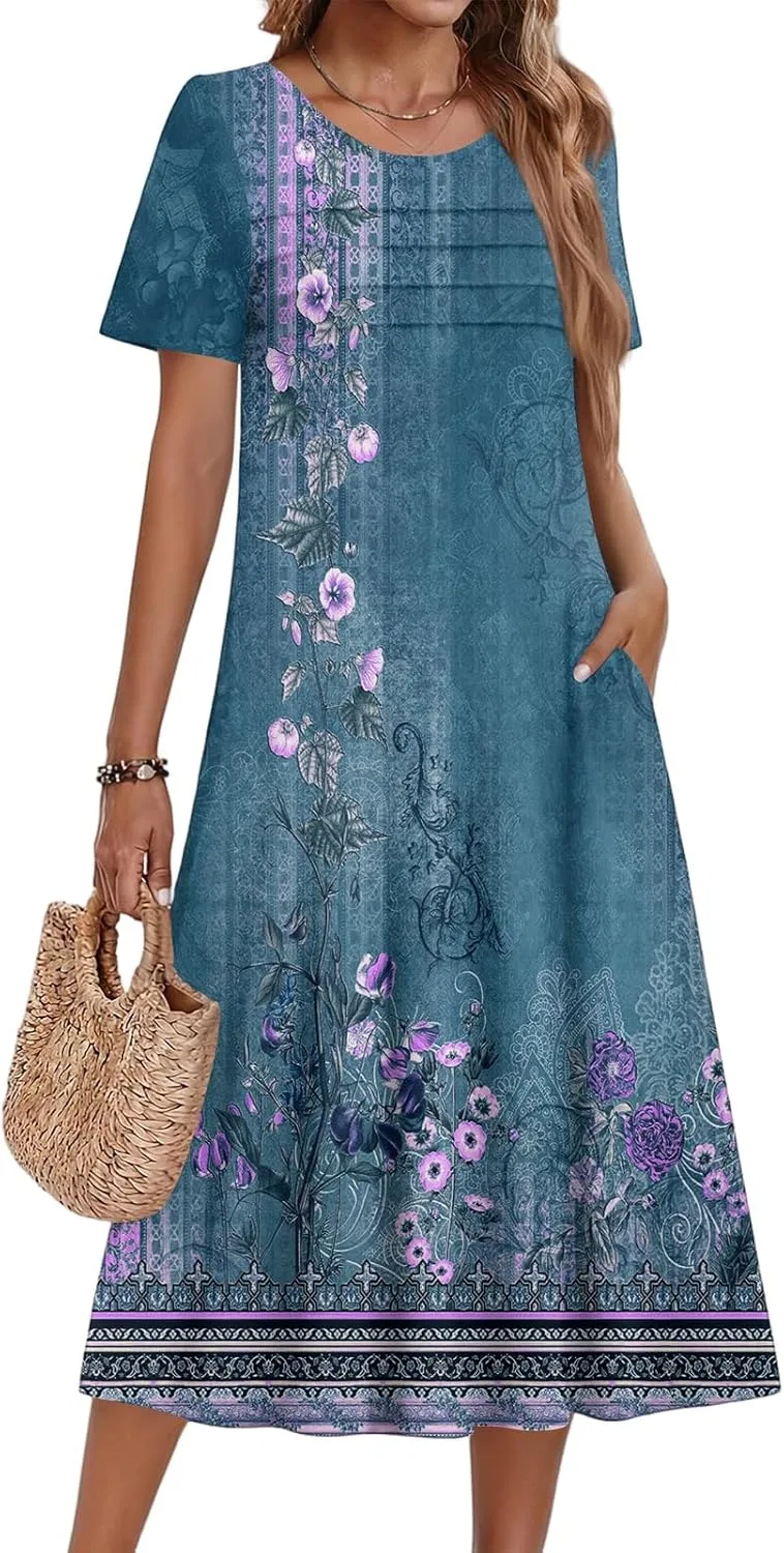 Женское повседневное платье миди с плиссе, Blue