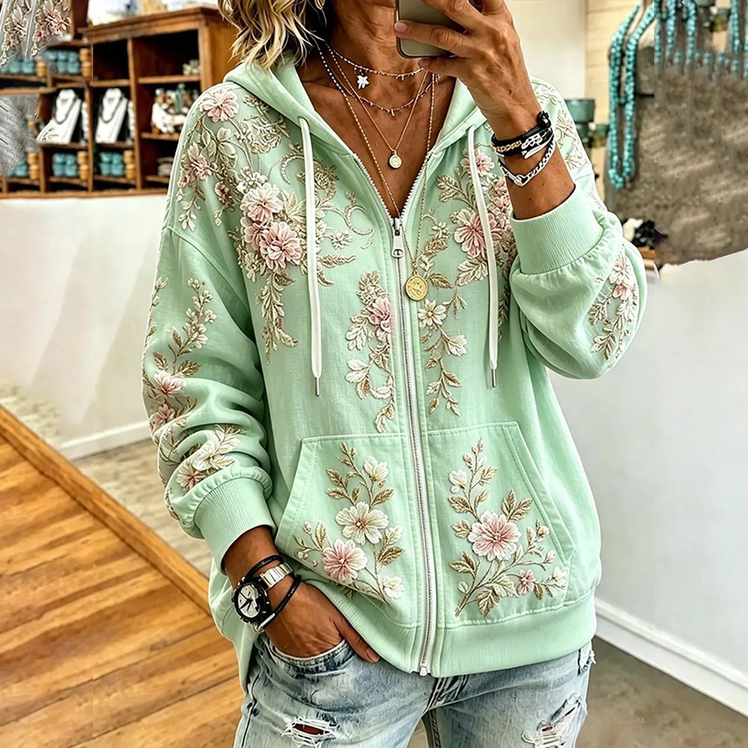 Женская худи с капюшоном и принтом, с длинным рукавом, Verde Chiaro — фото 2