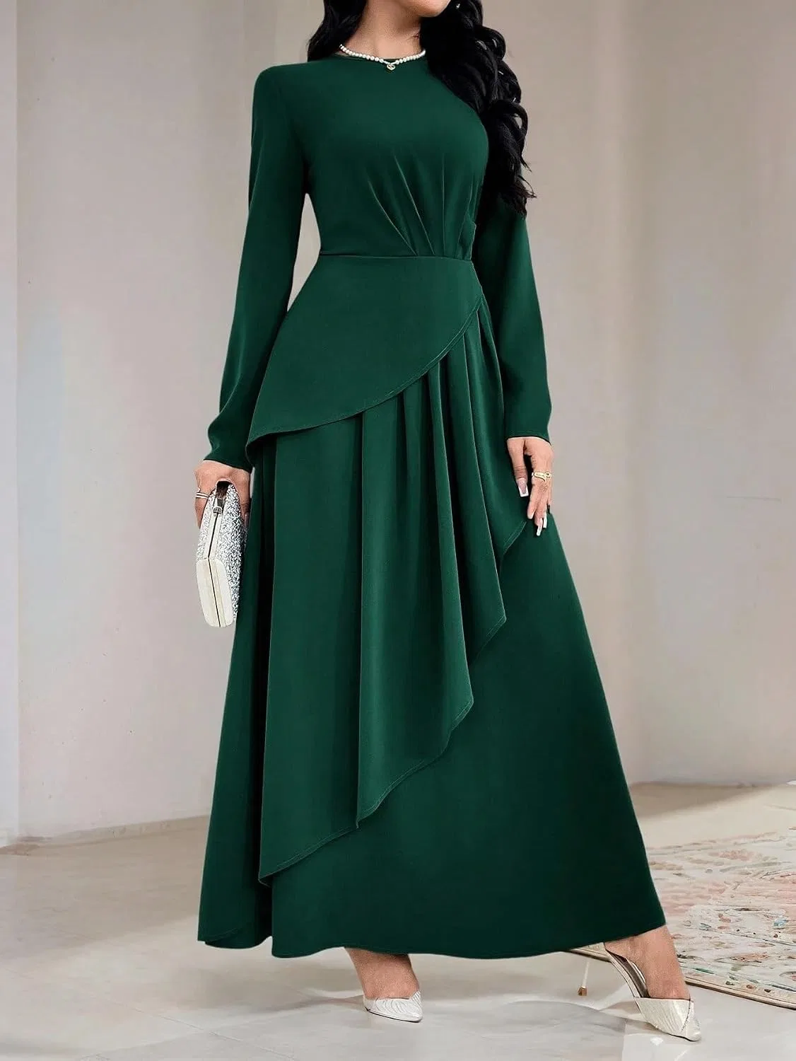 Женское A-силуэта макси платье с длинным рукавом, Dark Green — фото 2