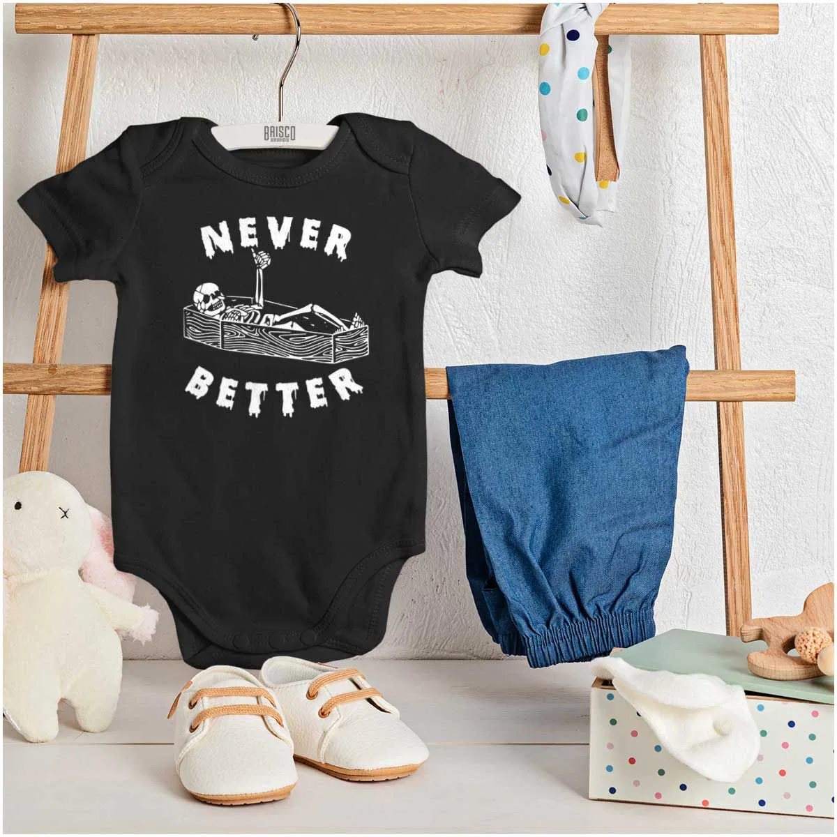 Детское боди для мальчиков с принтом Funny Skeleton Thumbs Up Never Better Brisco Brands, Black — фото 3