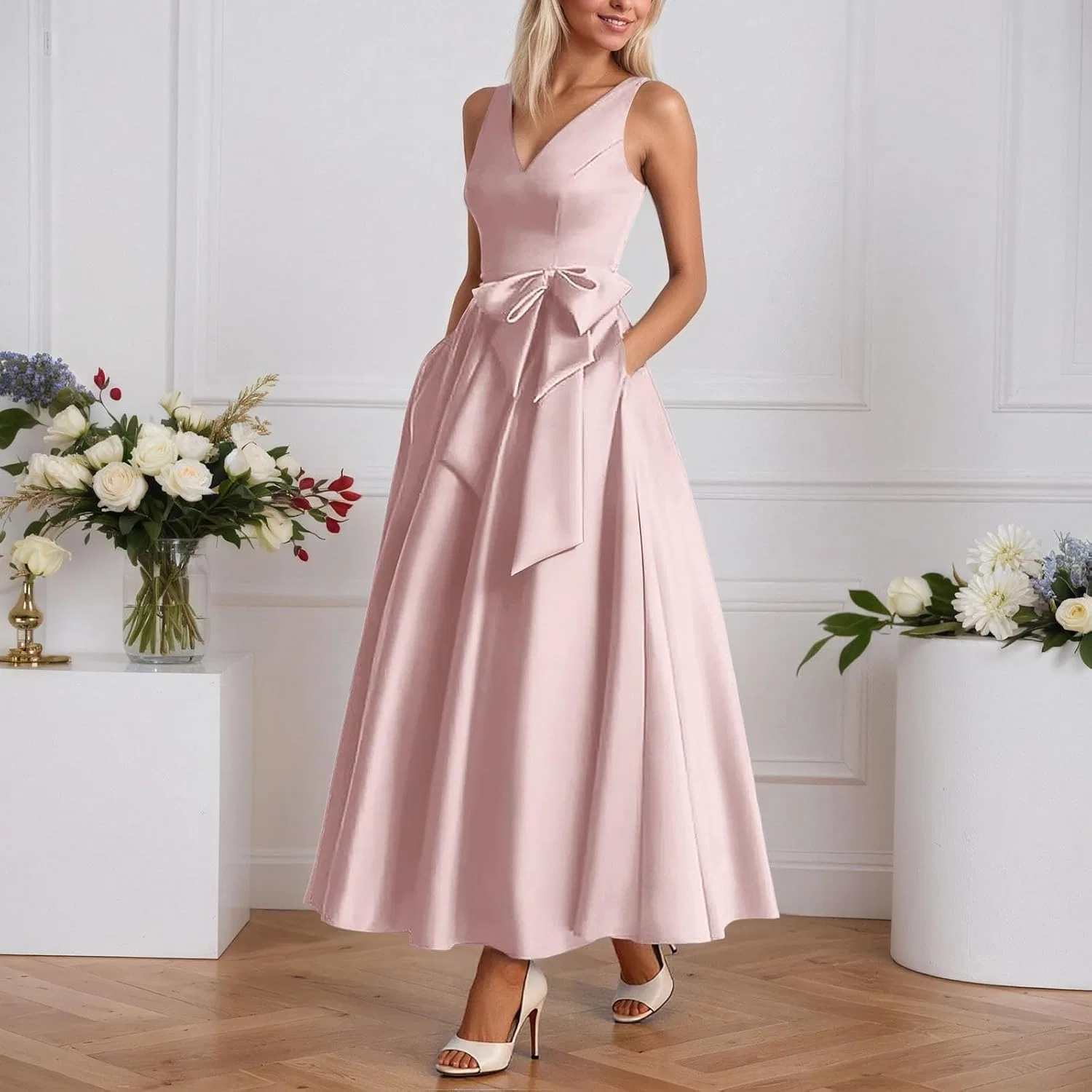 Женское коктейльное платье A-силуэта с бантом, Black/Pink — фото 2