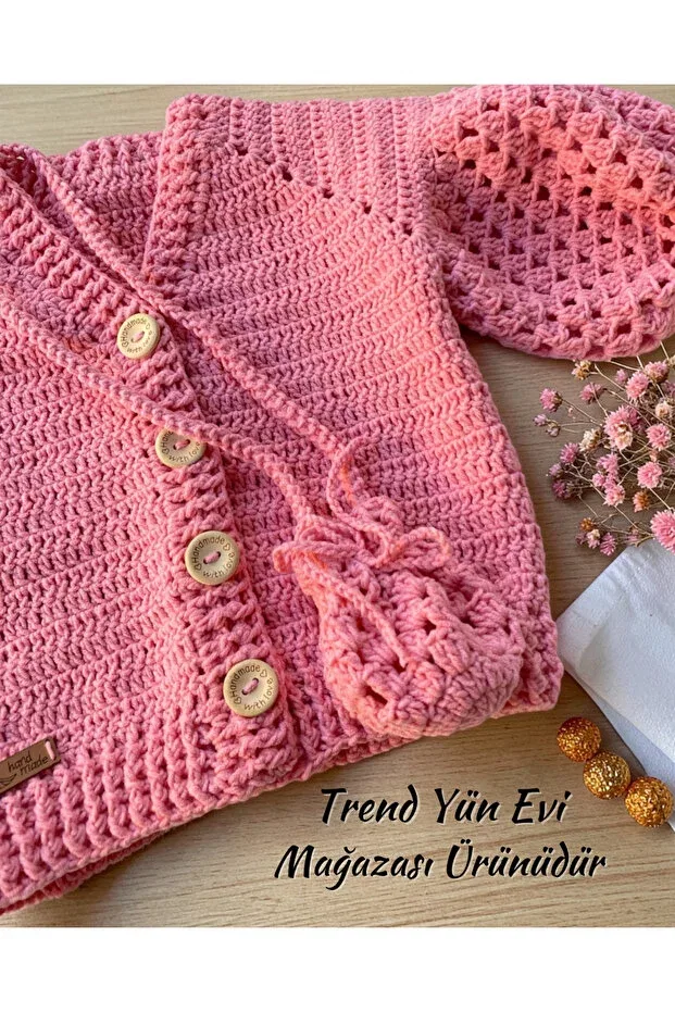 Детский кардиган для девочек хлопковый Hand Knitted Baby Cardigan Trendyünevi, Pink