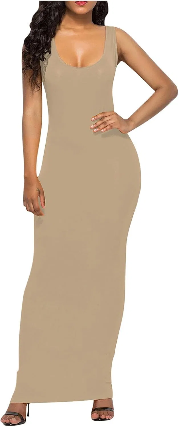 Женское облегающее макси-платье без рукавов Round Neck Stretch, Khaki