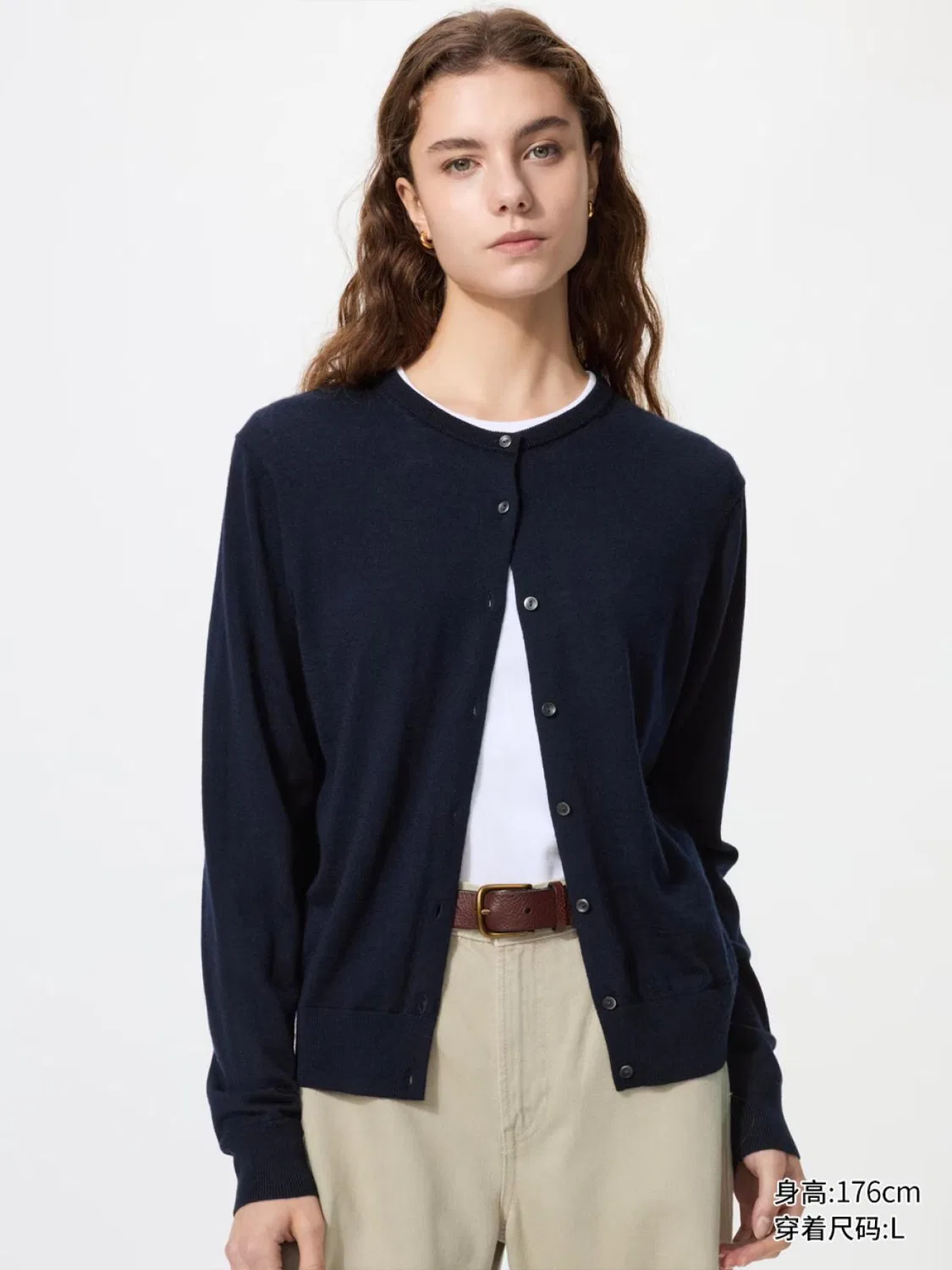 Кардиган из мериносовой шерсти с круглым вырезом и длинным рукавом Uniqlo, темно-синий