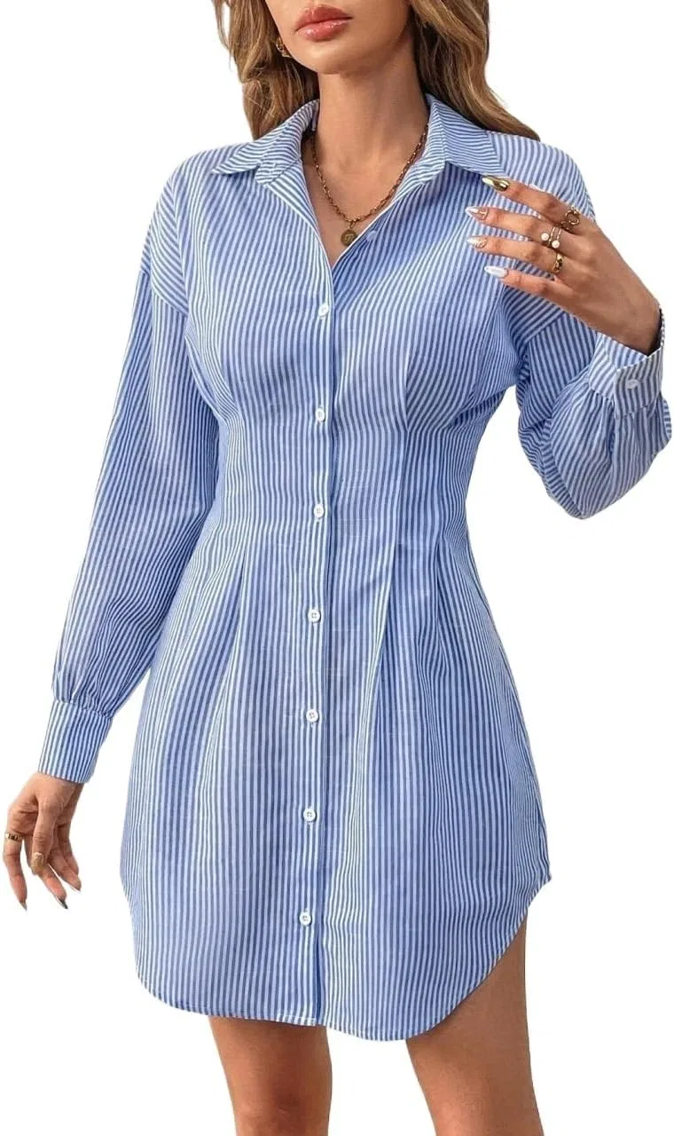 Женское длинное платье-рубашка в полоску, Blue/White
