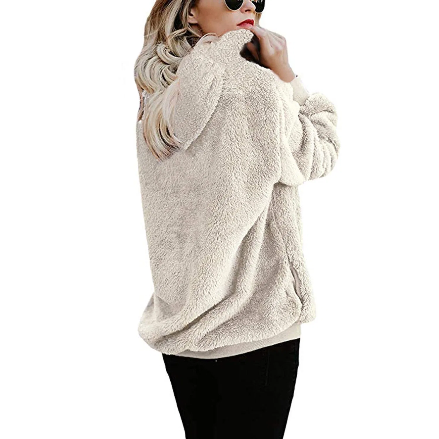 Женское зимнее пальто с капюшоном из флиса, beige — фото 3
