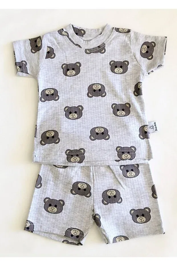 Детский комплект пижам с коротким рукавом и шортами Teddy Bear Pattern Printed Drop Kids, Gri — фото 3
