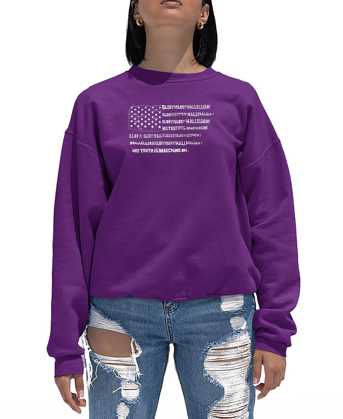 

Женская толстовка с круглым вырезом glory hallelujah flag word art LA Pop Art, фиолетовый