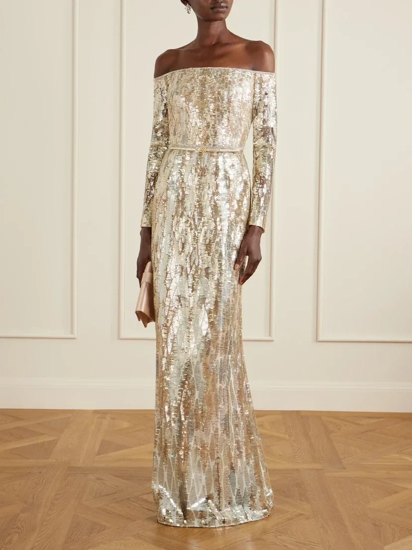 Атласное платье с открытыми плечами, украшенное пайетками Elie Saab, золотой — фото 2