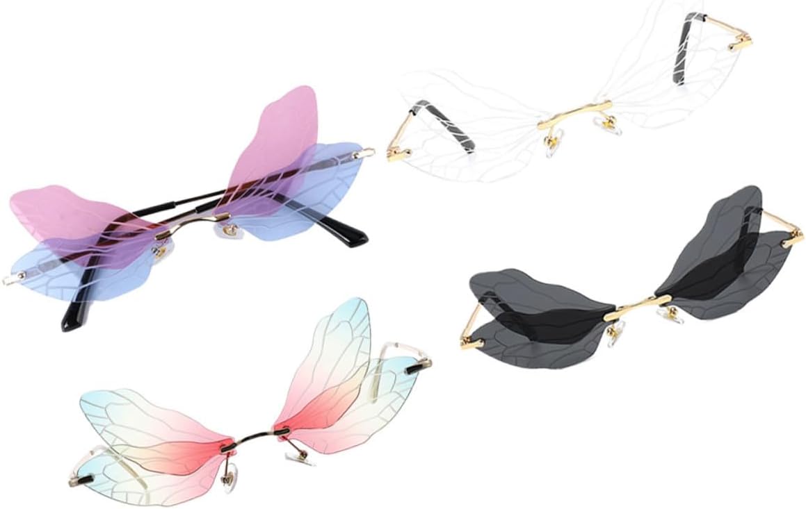 

4 пары женских солнцезащитных очков без оправы с изображением крыла стрекозы, защита от УФ-излучения, модные очки в золотой оправе для активного отдыха, путешествий и повседневной носки Hemobllo, Assorted Color