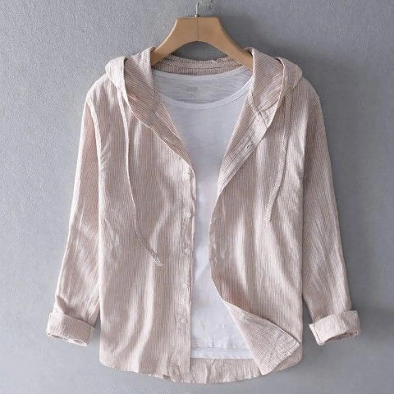 Мужская рубашка из льна с длинным рукавом и капюшоном, Beige — фото 2